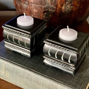 Set of 2 Black Stone Candle Holders